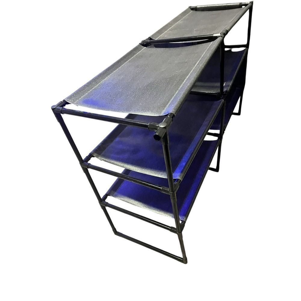 3 Tier Double Row Shoe Rack Organizer Black Metal Frame Grey Fabric Shelves